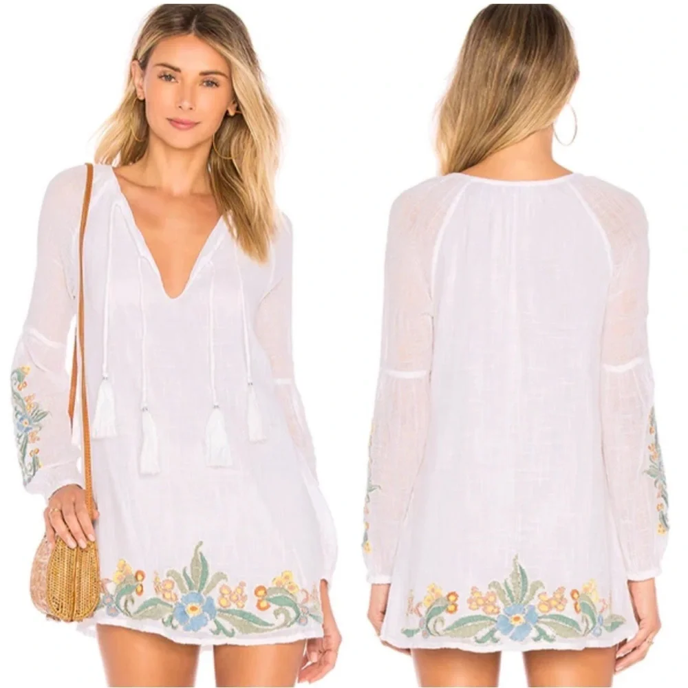 Tularosa Beaded Embroidered Beachy Boho Tassel Tie Justina Mini Dress